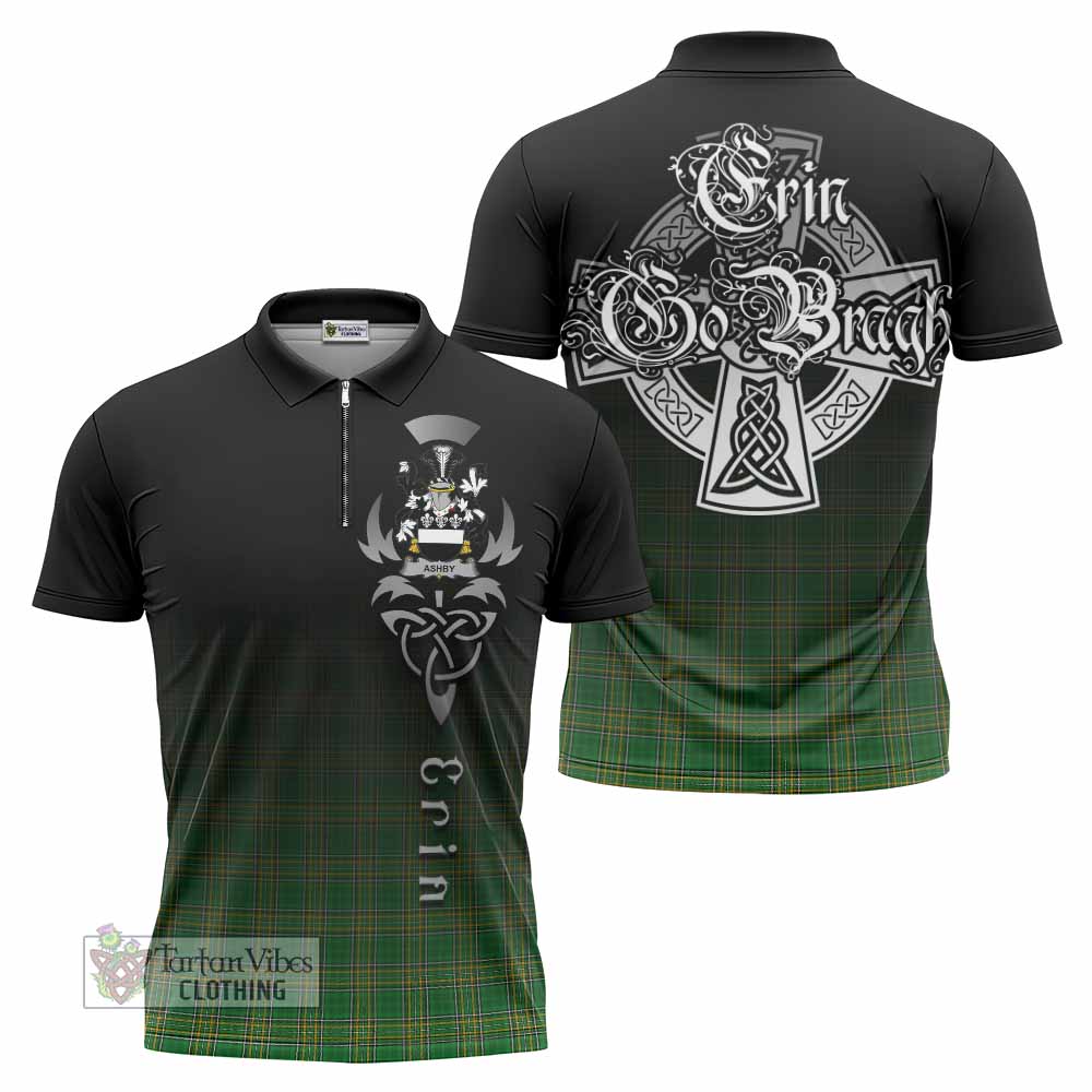 Tartan Vibes Clothing Ashby Irish Clan Zipper Polo Shirt with Coat of Arms Erin Go Bragh Celtic Inspired