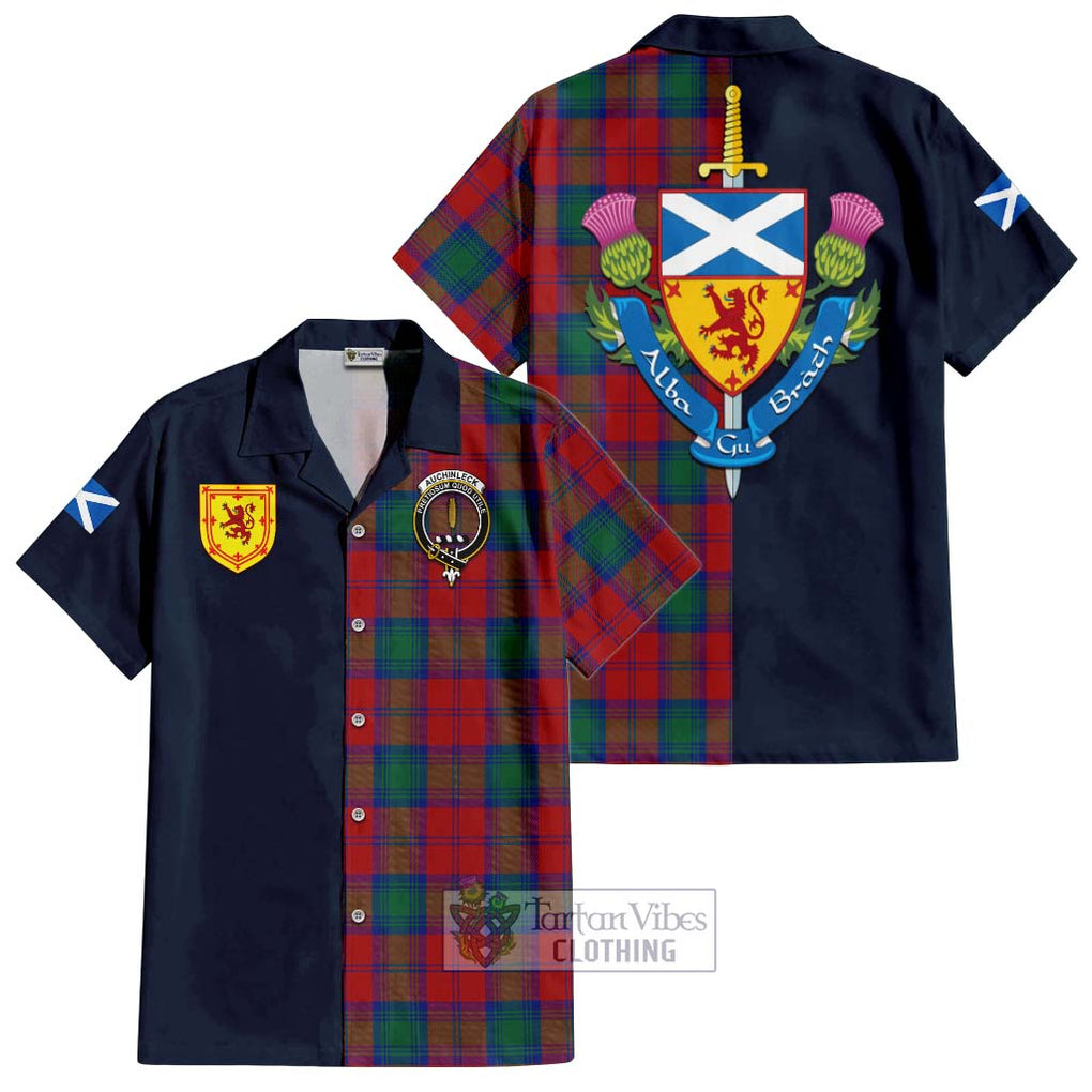 Auchinleck (Affleck) Tartan Hawaiian Shirt Alba with Scottish Lion Royal Arm Half Style Kid - Tartan Vibes Clothing