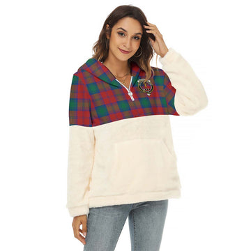 Auchinleck (Affleck) Tartan Half Style Women's Borg Fleece Hoodie with Half Zip with Family Crest Female - Tartan Vibes Clothing