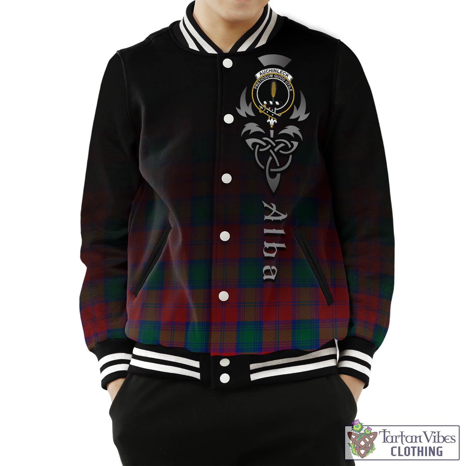 Tartan Vibes Clothing Auchinleck Tartan Baseball Jacket Featuring Alba Gu Brath Family Crest Celtic Inspired