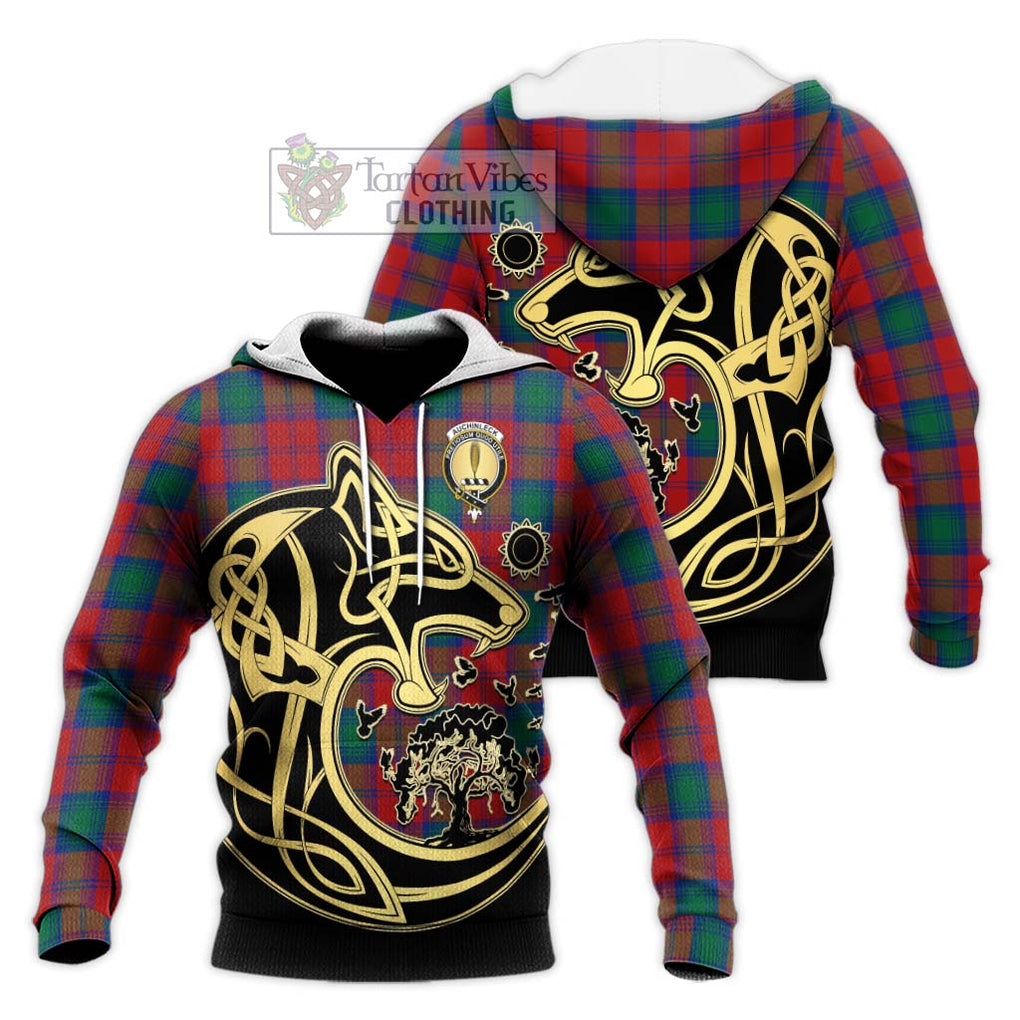 Auchinleck (Affleck) Tartan Knitted Hoodie with Family Crest Celtic Wolf Style Unisex Knitted Pullover Hoodie - Tartan Vibes Clothing