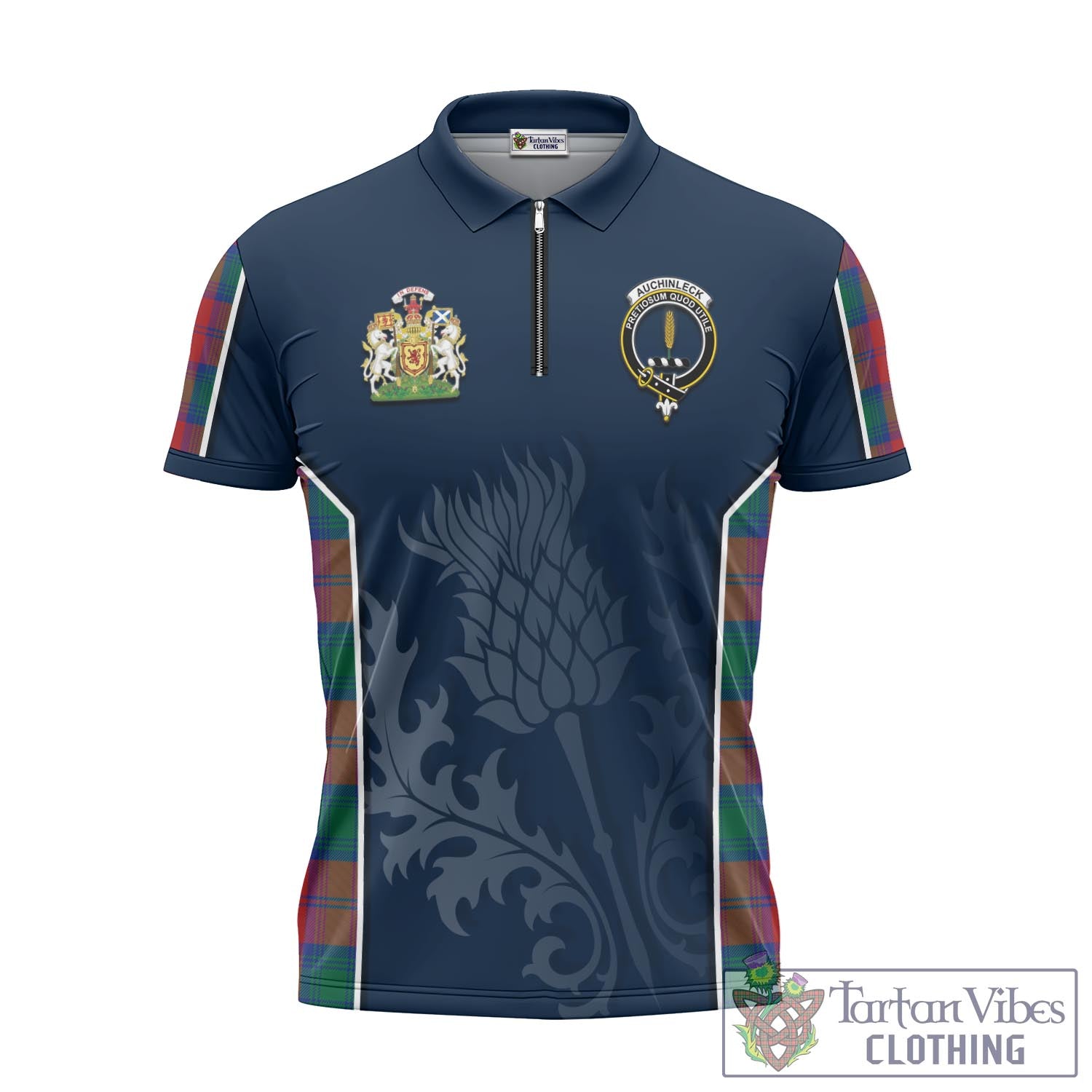 Tartan Vibes Clothing Auchinleck Tartan Zipper Polo Shirt with Family Crest and Scottish Thistle Vibes Sport Style