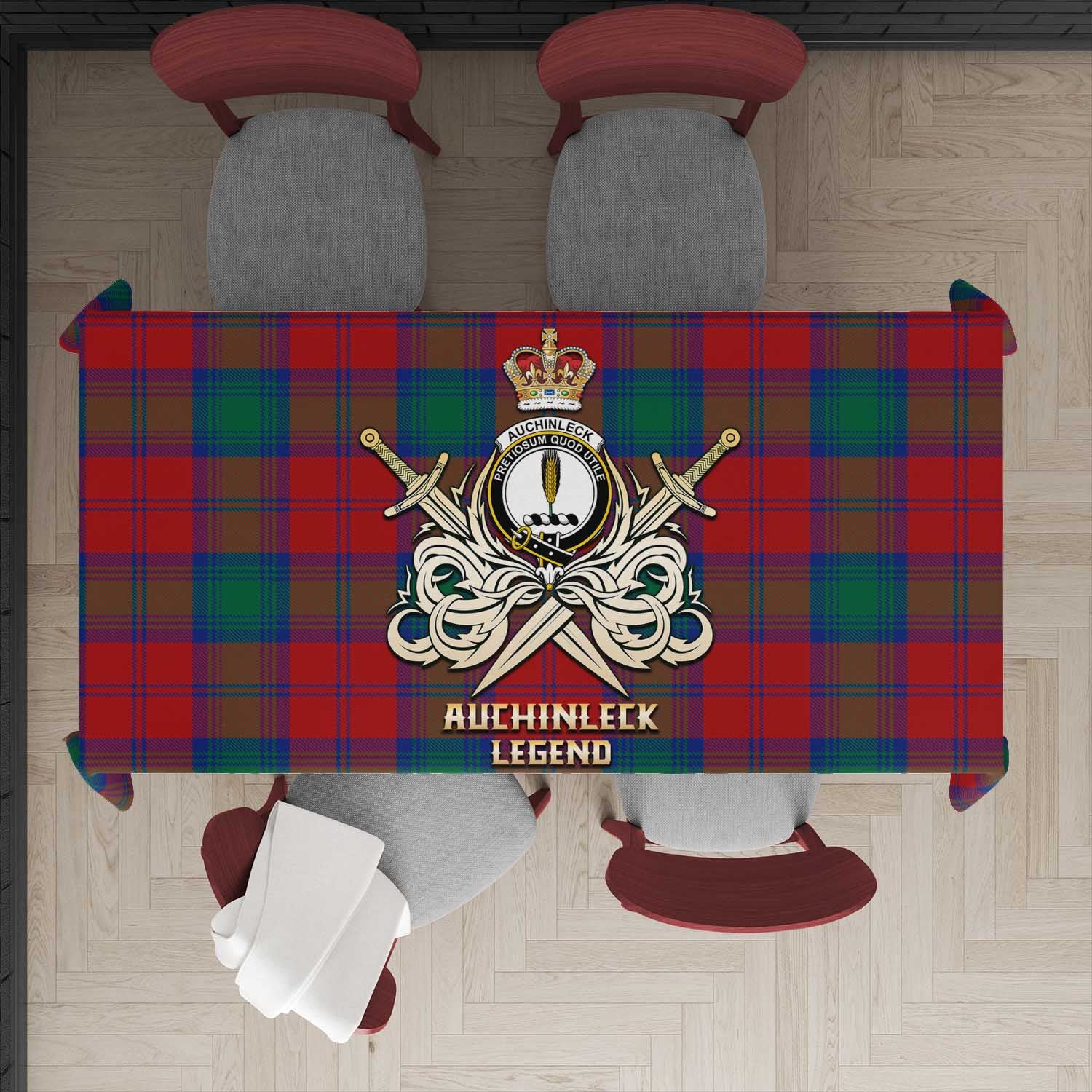 Tartan Vibes Clothing Auchinleck Tartan Tablecloth with Clan Crest and the Golden Sword of Courageous Legacy