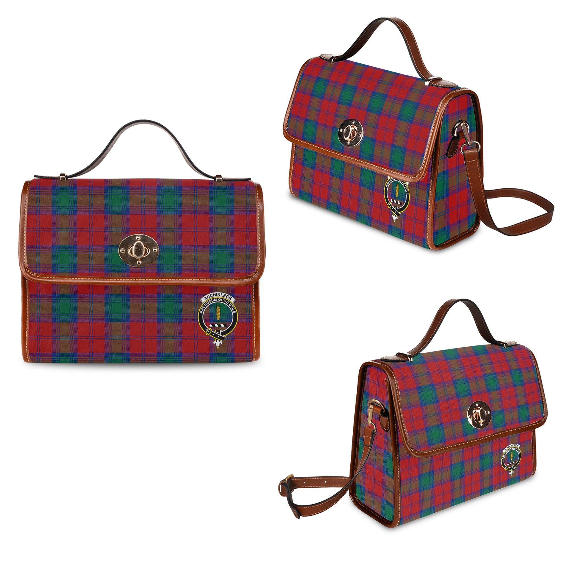Auchinleck Tartan Leather Strap Waterproof Canvas Bag with Family Crest One Size 34cm * 42cm (13.4" x 16.5") - Tartanvibesclothing