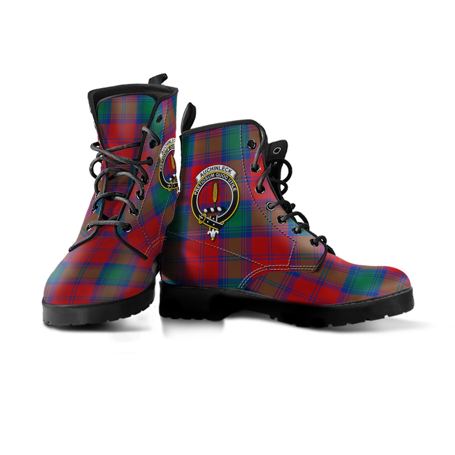 Auchinleck Tartan Leather Boots with Family Crest - Tartanvibesclothing
