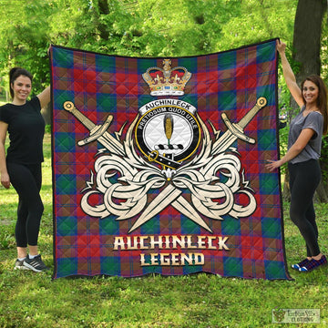 Auchinleck (Affleck) Tartan Quilt with Clan Crest and the Golden Sword of Courageous Legacy - Tartan Vibes Clothing