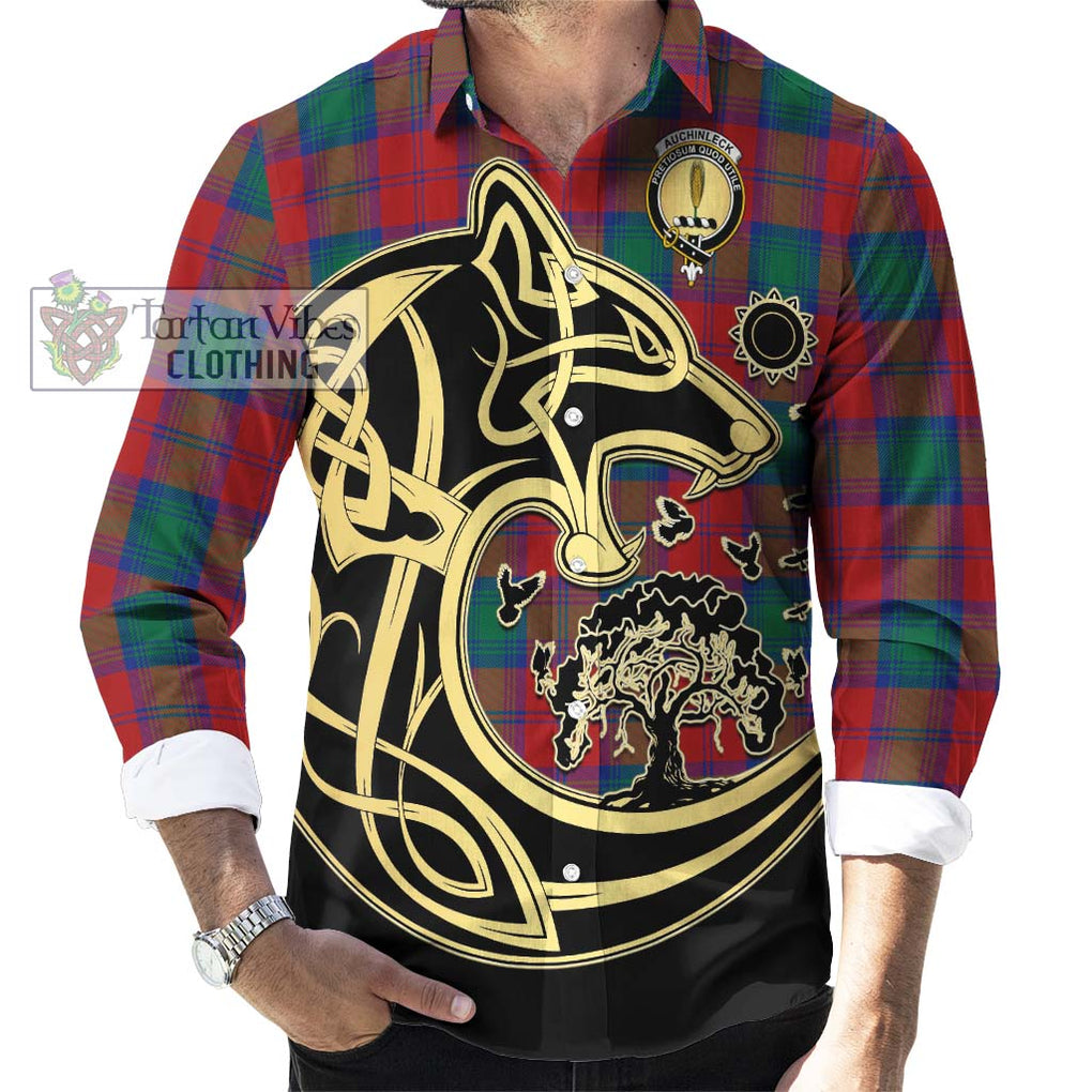 Auchinleck (Affleck) Tartan Long Sleeve Button Shirt with Family Crest Celtic Wolf Style - Tartan Vibes Clothing