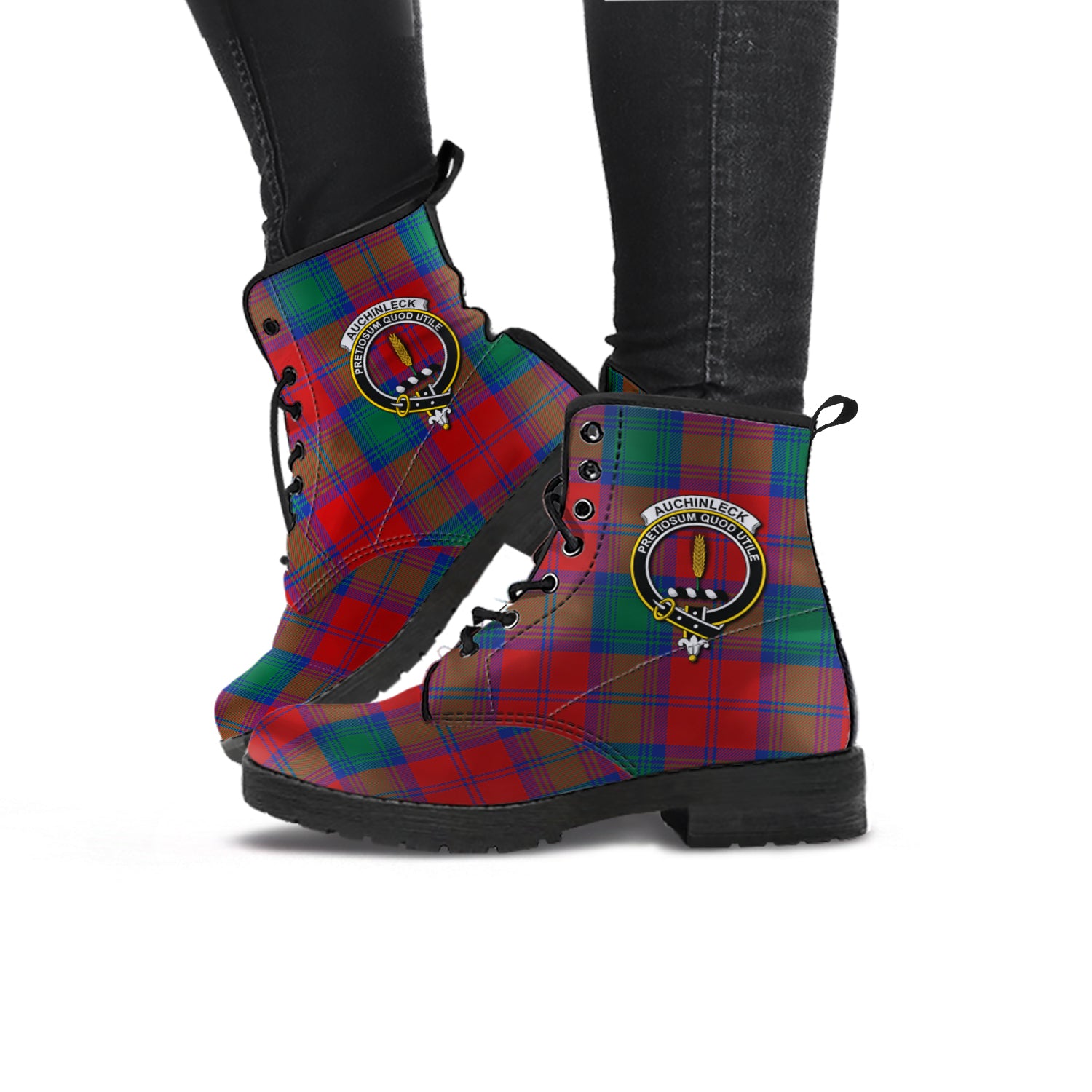 Auchinleck Tartan Leather Boots with Family Crest - Tartanvibesclothing