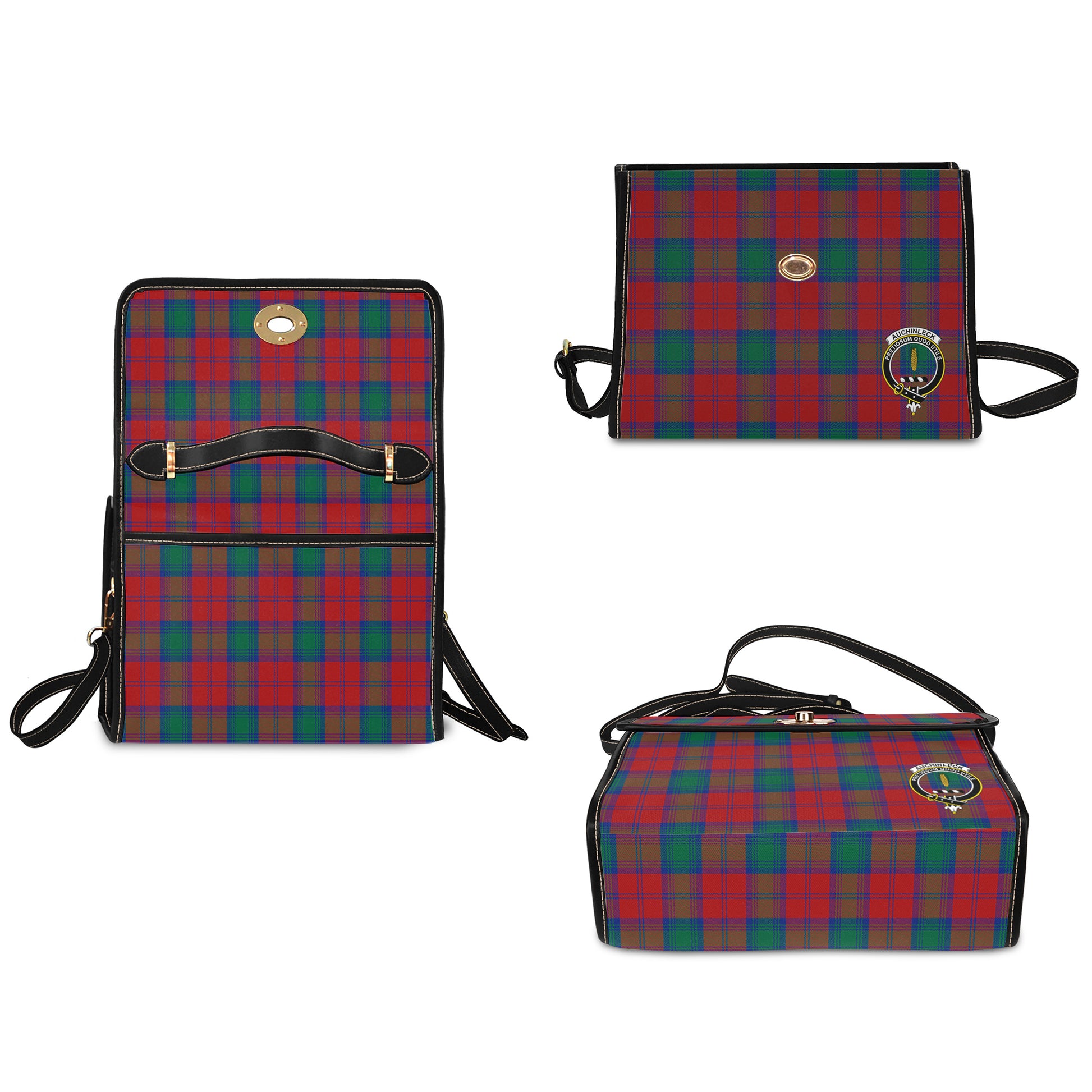 Auchinleck Tartan Leather Strap Waterproof Canvas Bag with Family Crest - Tartanvibesclothing