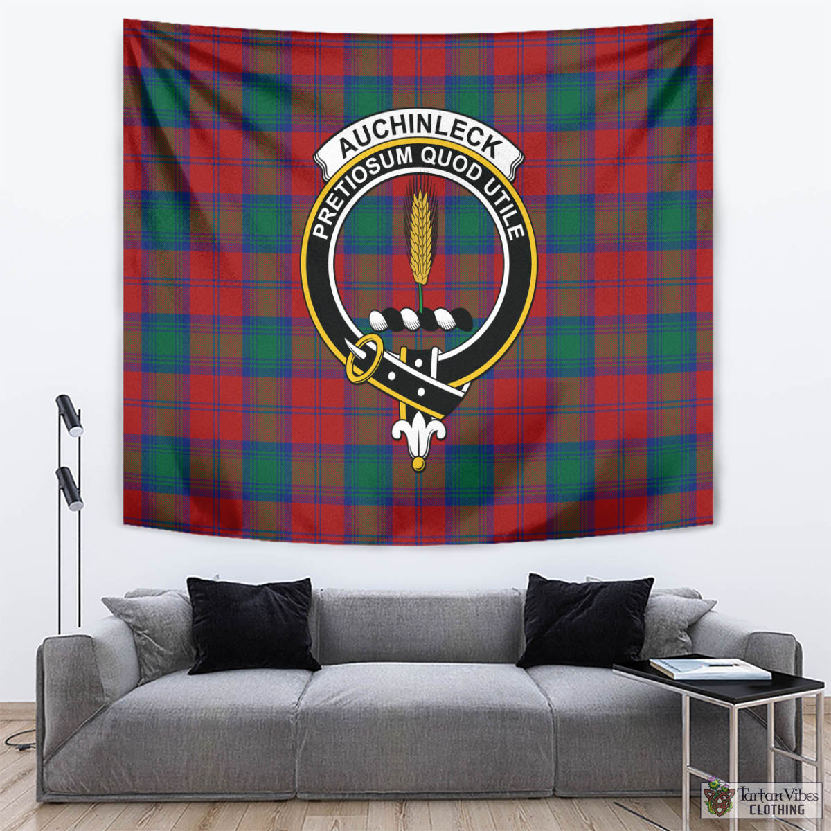 Tartan Vibes Clothing Auchinleck Tartan Tapestry Wall Hanging and Home Decor for Room with Family Crest