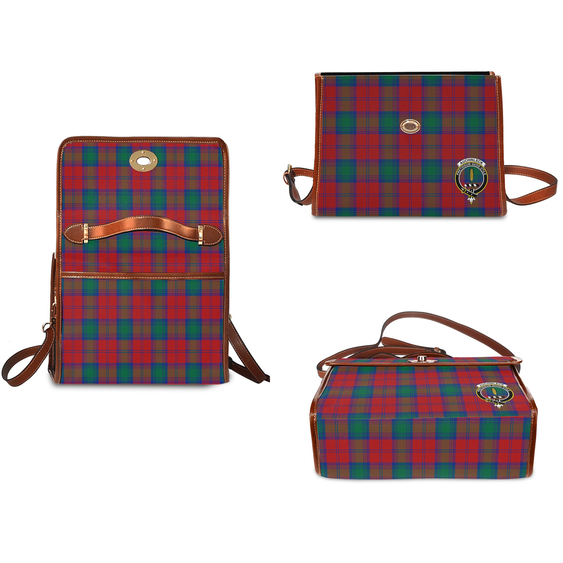 Auchinleck Tartan Leather Strap Waterproof Canvas Bag with Family Crest - Tartanvibesclothing