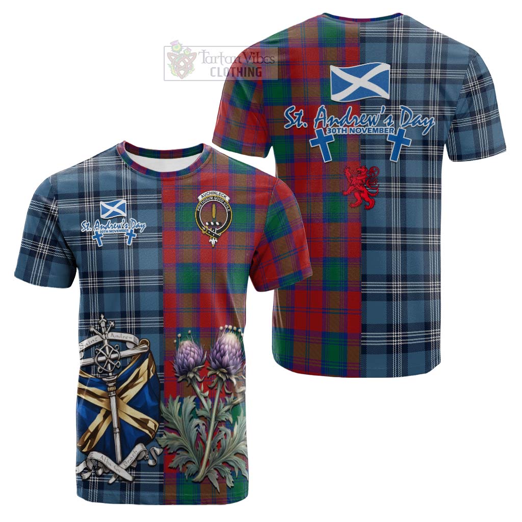 Tartan Vibes Clothing Auchinleck (Affleck) Tartan Cotton T-shirt Happy St. Andrew's Day Half Tartan Style