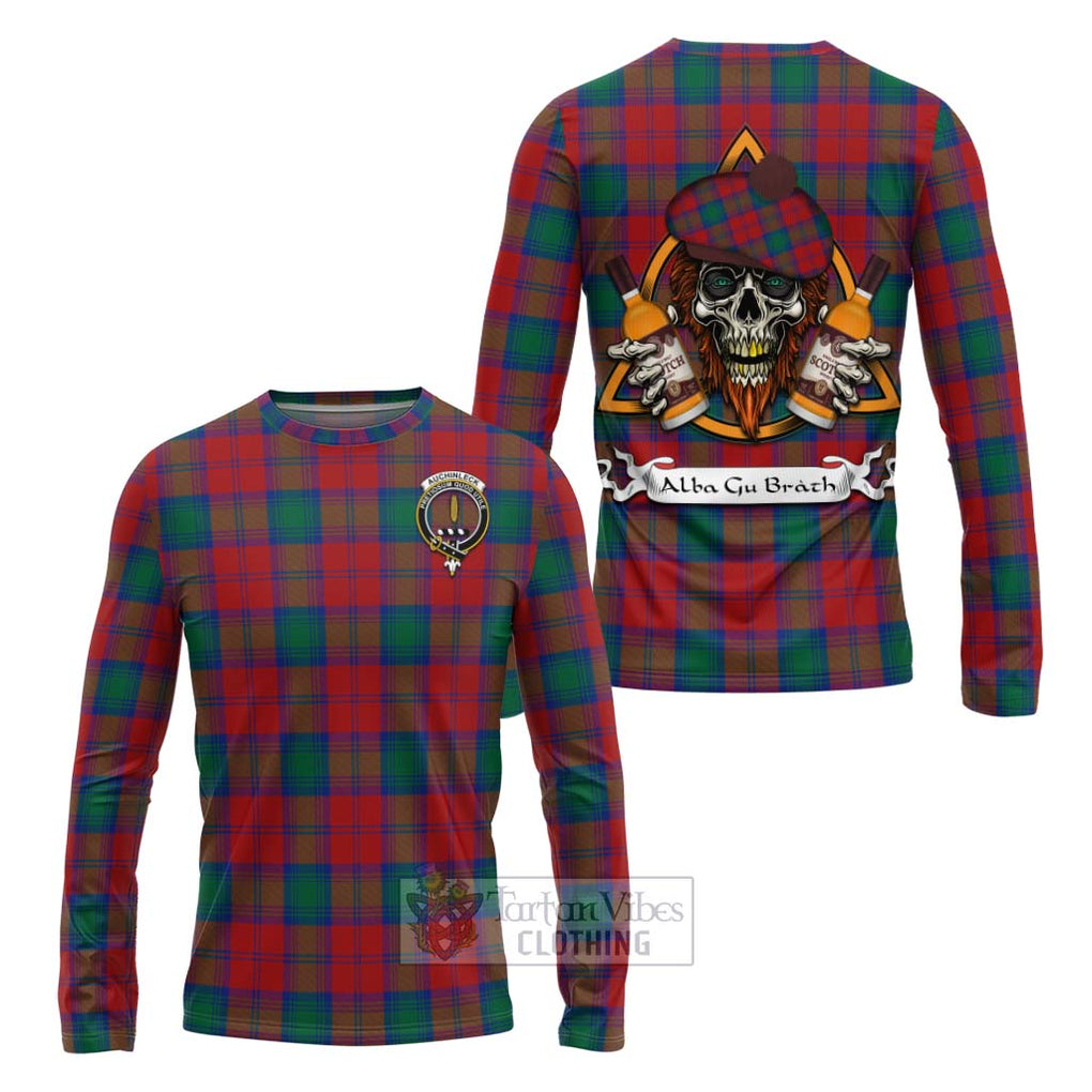 Tartan Vibes Clothing Auchinleck (Affleck) Tartan Long Sleeve T-Shirt with Family Crest and Bearded Skull Holding Bottles of Whiskey