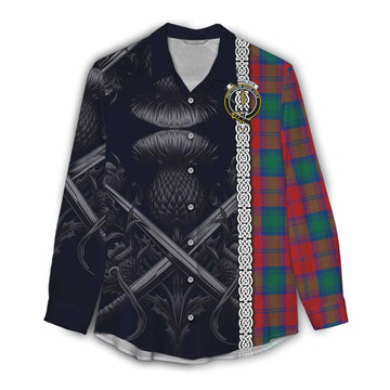 Auchinleck (Affleck) Tartan Women's Casual Shirt with Family Crest Cross Sword Thistle Celtic Vibes Female - Tartan Vibes Clothing