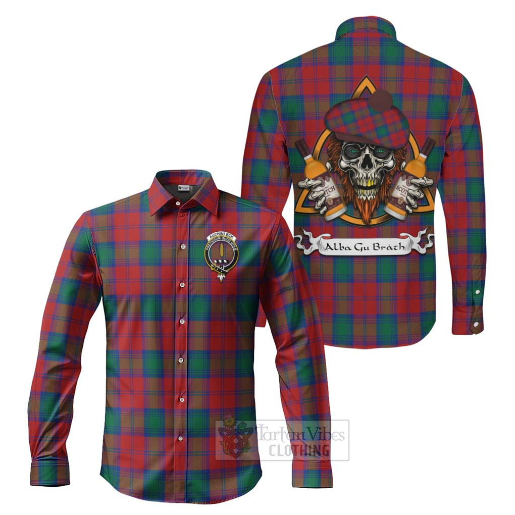 Tartan Vibes Clothing Auchinleck (Affleck) Tartan Long Sleeve Button Shirt with Family Crest and Bearded Skull Holding Bottles of Whiskey
