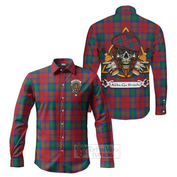 Tartan Vibes Clothing Auchinleck (Affleck) Tartan Long Sleeve Button Shirt with Family Crest and Bearded Skull Holding Bottles of Whiskey