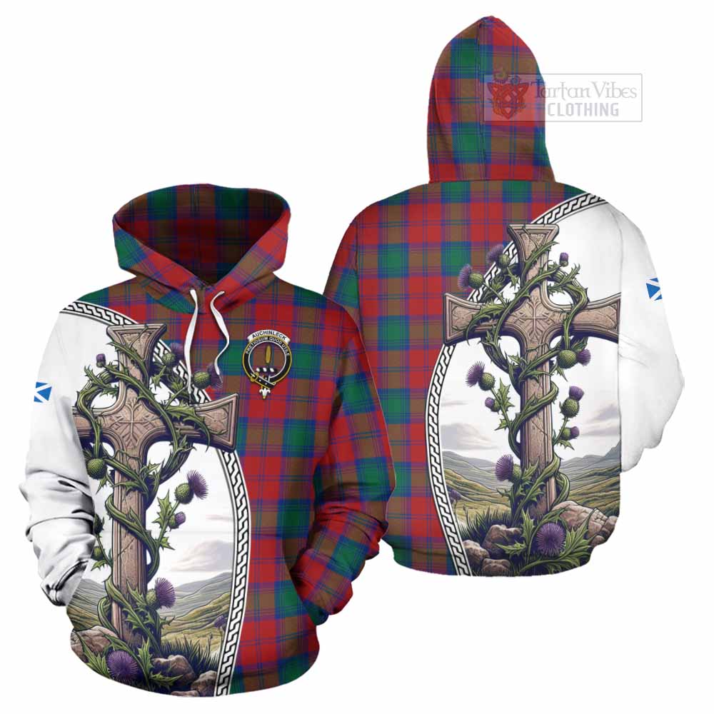 Tartan Vibes Clothing Auchinleck (Affleck) Tartan Hoodie with Family Crest and St. Andrew's Cross Accented by Thistle Vines