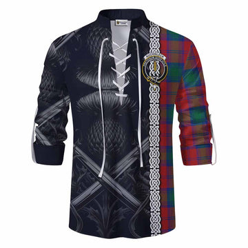 Auchinleck (Affleck) Tartan Ghillie Kilt Shirt with Family Crest Cross Sword Thistle Celtic Vibes Men - Tartan Vibes Clothing