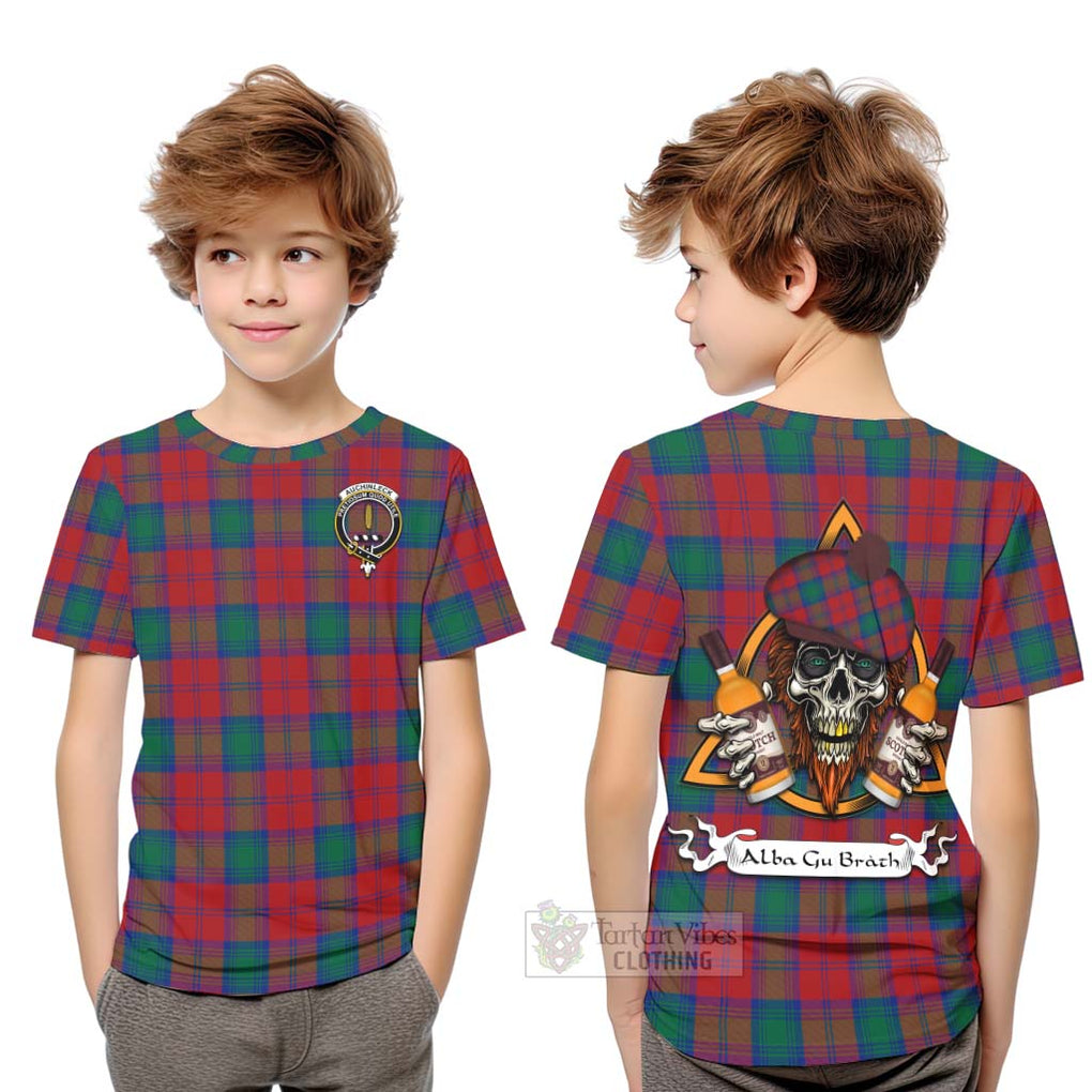 Tartan Vibes Clothing Auchinleck (Affleck) Tartan Kid T-Shirt with Family Crest and Bearded Skull Holding Bottles of Whiskey