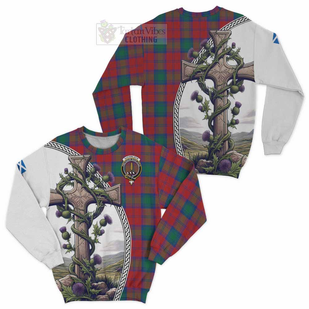 Tartan Vibes Clothing Auchinleck (Affleck) Tartan Sweatshirt with Family Crest and St. Andrew's Cross Accented by Thistle Vines