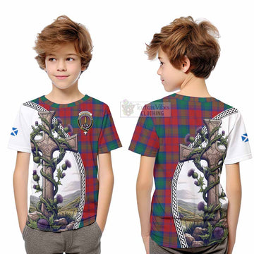 Tartan Vibes Clothing Auchinleck (Affleck) Tartan Kid T-Shirt with Family Crest and St. Andrew's Cross Accented by Thistle Vines