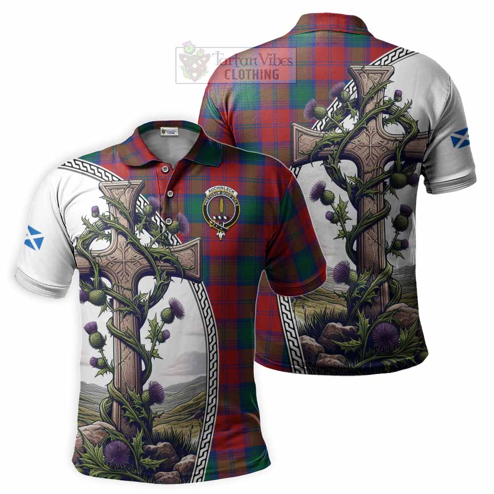 Tartan Vibes Clothing Auchinleck (Affleck) Tartan Polo Shirt with Family Crest and St. Andrew's Cross Accented by Thistle Vines