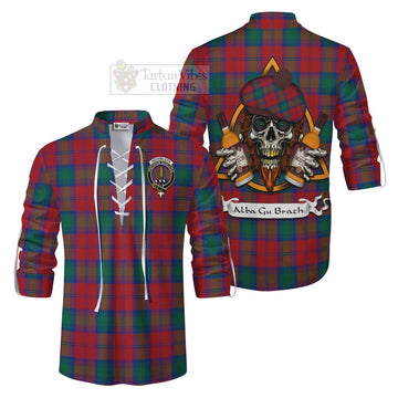 Tartan Vibes Clothing Auchinleck (Affleck) Tartan Ghillie Kilt Shirt with Family Crest and Bearded Skull Holding Bottles of Whiskey