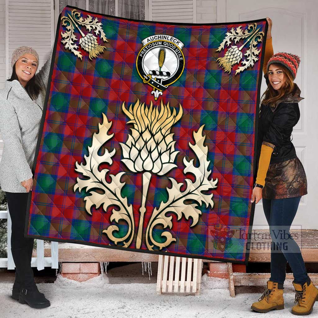 Auchinleck (Affleck) Tartan Quilt with Family Crest and Golden Thistle Style Super King Quilt 91" x 110" - Tartan Vibes Clothing