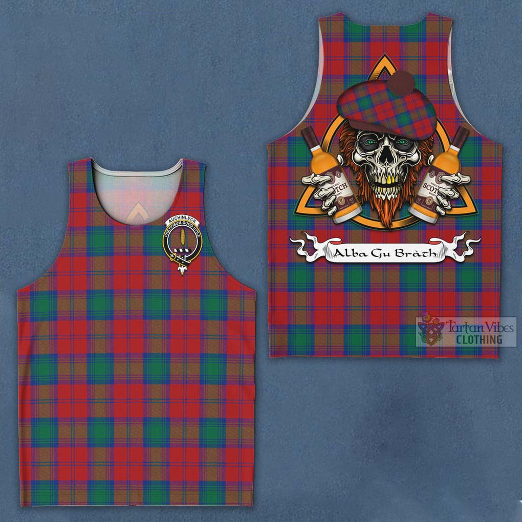 Tartan Vibes Clothing Auchinleck (Affleck) Tartan Men's Tank Top with Family Crest and Bearded Skull Holding Bottles of Whiskey