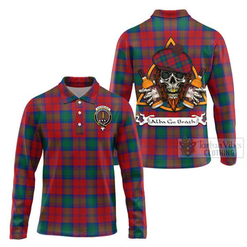 Auchinleck (Affleck) Tartan Long Sleeve Polo Shirt with Family Crest and Bearded Skull Holding Bottles of Whiskey Unisex - Tartan Vibes Clothing