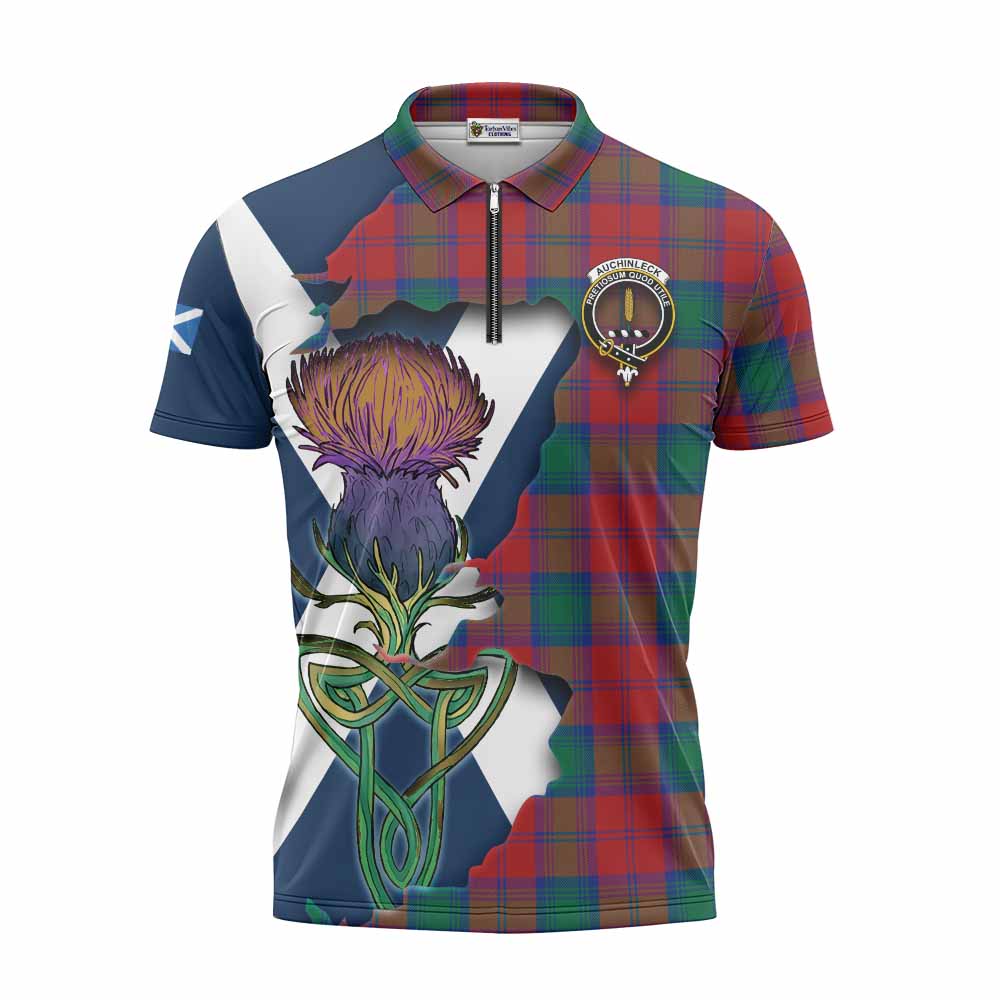 Tartan Vibes Clothing Auchinleck (Affleck) Tartan Family Crest Zipper Polo Shirt Scottish Thistle Celtic Inspired