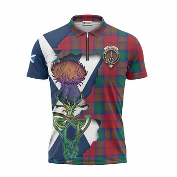 Tartan Vibes Clothing Auchinleck (Affleck) Tartan Family Crest Zipper Polo Shirt Scottish Thistle Celtic Inspired
