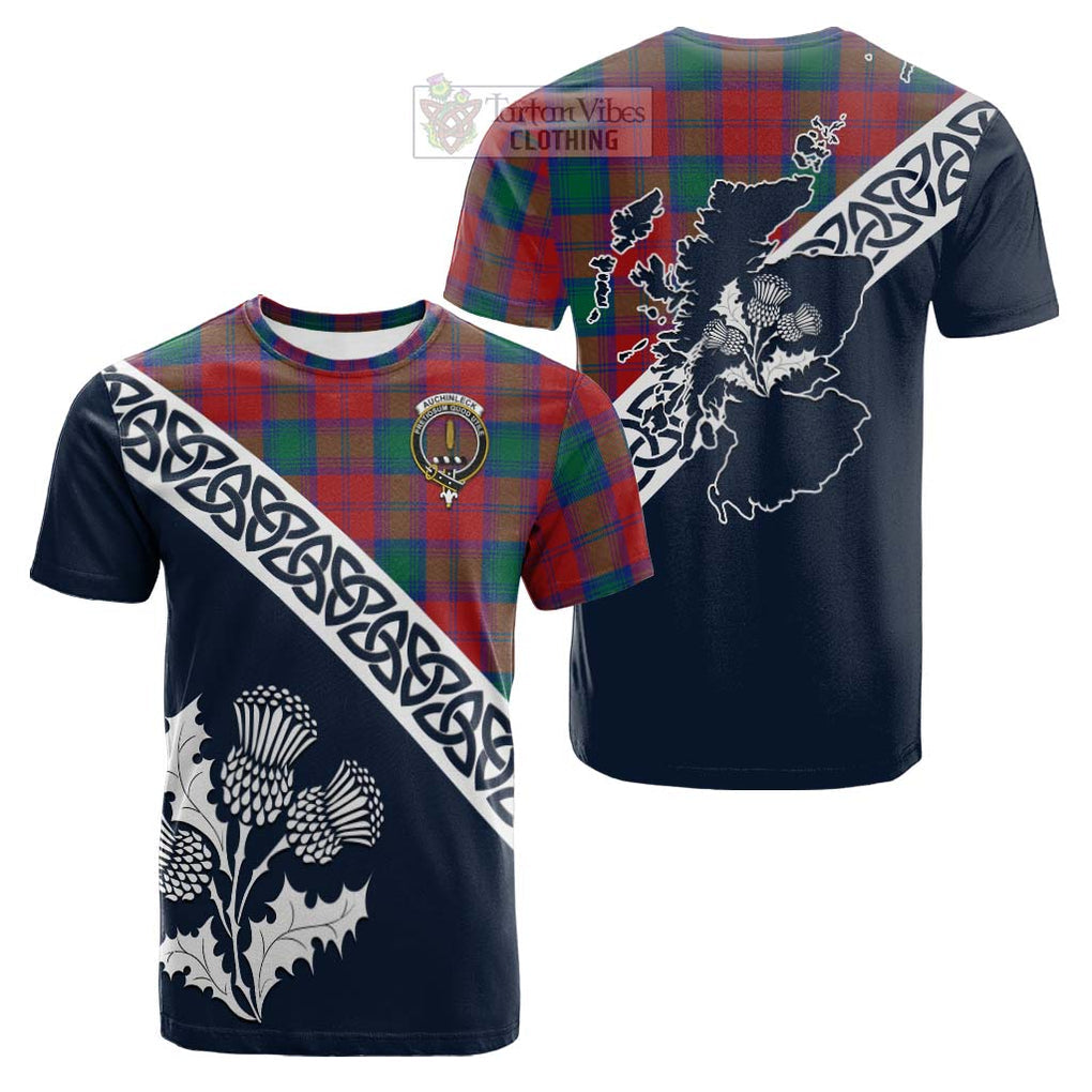 Tartan Vibes Clothing Auchinleck (Affleck) Tartan Cotton T-shirt Featuring Thistle and Scotland Map
