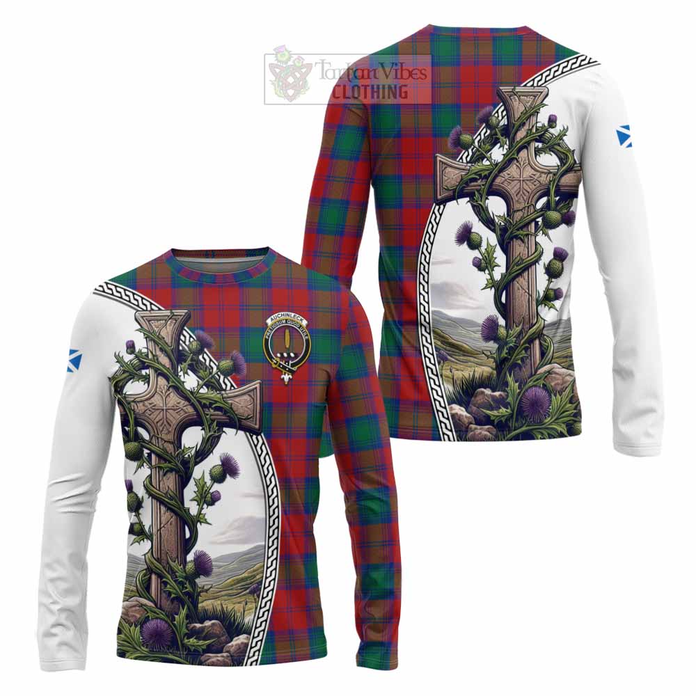 Tartan Vibes Clothing Auchinleck (Affleck) Tartan Long Sleeve T-Shirt with Family Crest and St. Andrew's Cross Accented by Thistle Vines