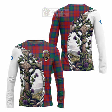 Tartan Vibes Clothing Auchinleck (Affleck) Tartan Long Sleeve T-Shirt with Family Crest and St. Andrew's Cross Accented by Thistle Vines
