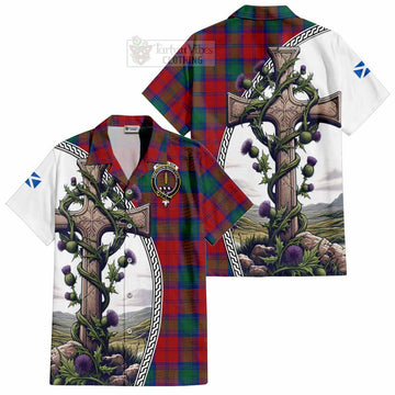 Tartan Vibes Clothing Auchinleck (Affleck) Tartan Short Sleeve Button Shirt with Family Crest and St. Andrew's Cross Accented by Thistle Vines