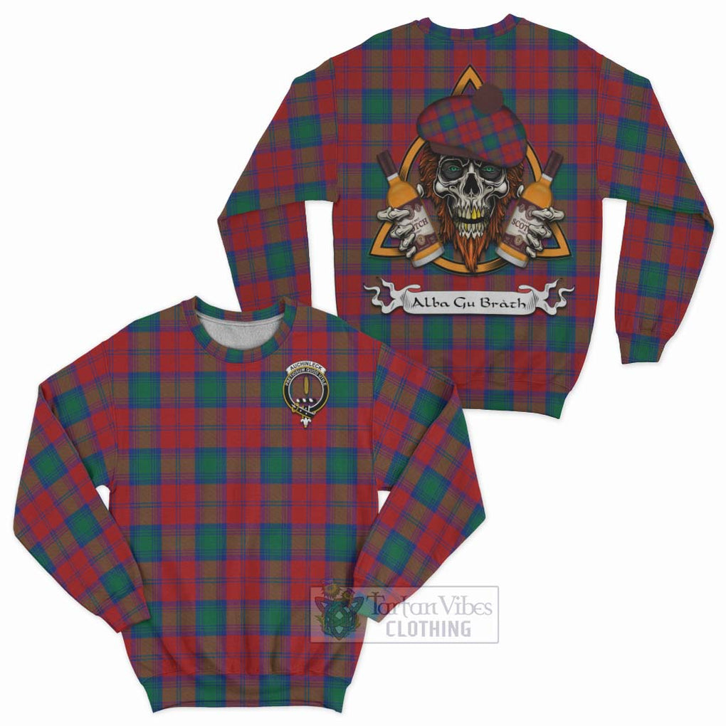 Tartan Vibes Clothing Auchinleck (Affleck) Tartan Sweatshirt with Family Crest and Bearded Skull Holding Bottles of Whiskey