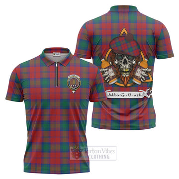 Auchinleck (Affleck) Tartan Zipper Polo Shirt with Family Crest and Bearded Skull Holding Bottles of Whiskey Unisex - Tartan Vibes Clothing