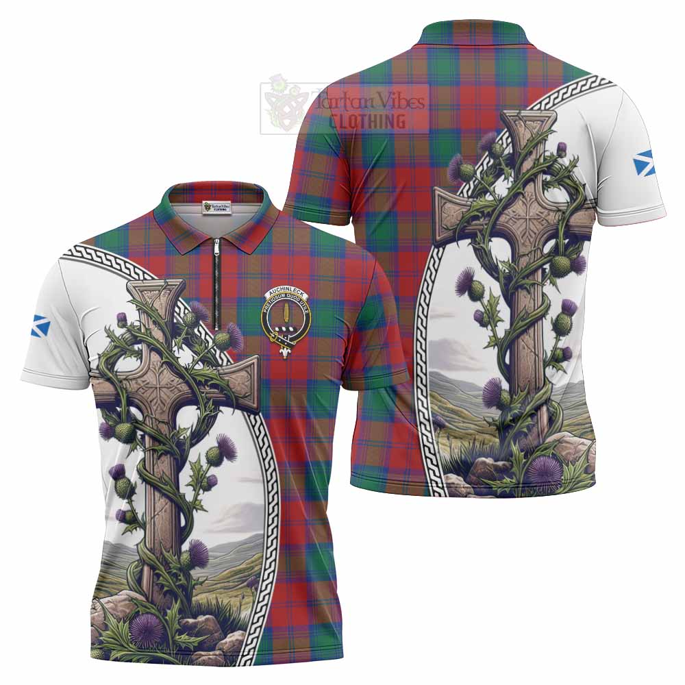 Tartan Vibes Clothing Auchinleck (Affleck) Tartan Zipper Polo Shirt with Family Crest and St. Andrew's Cross Accented by Thistle Vines
