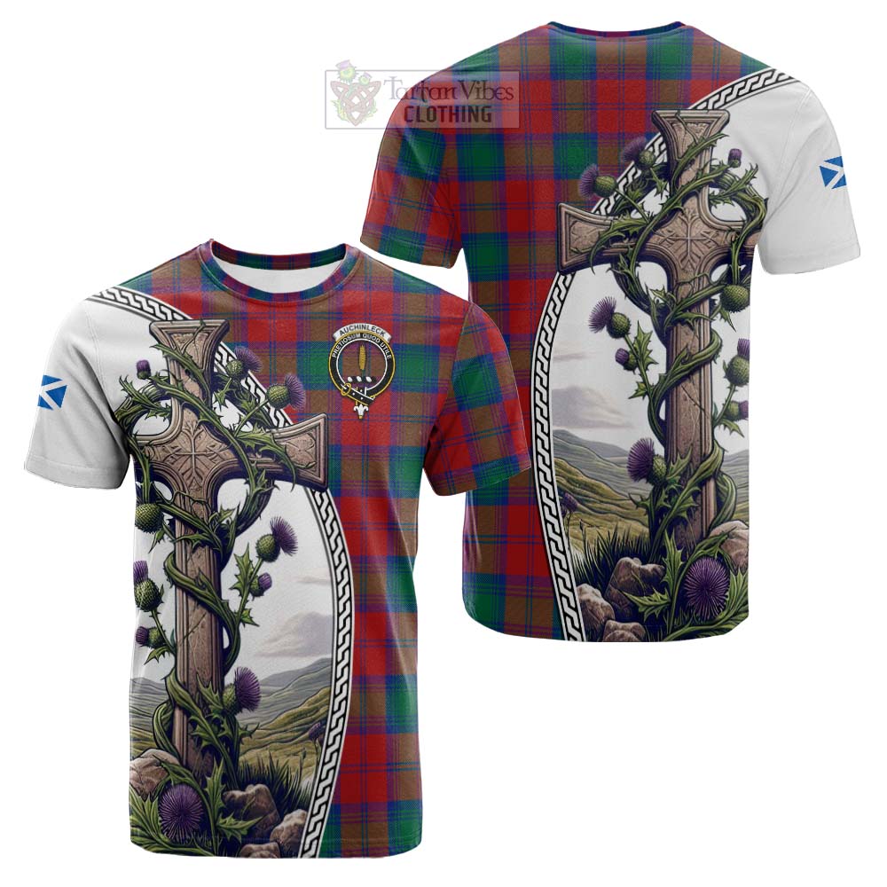 Tartan Vibes Clothing Auchinleck (Affleck) Tartan Cotton T-shirt with Family Crest and St. Andrew's Cross Accented by Thistle Vines