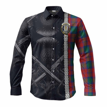 Tartan Vibes Clothing Auchinleck (Affleck) Tartan Long Sleeve Button Shirt with Family Crest Cross Sword Thistle Celtic Vibes