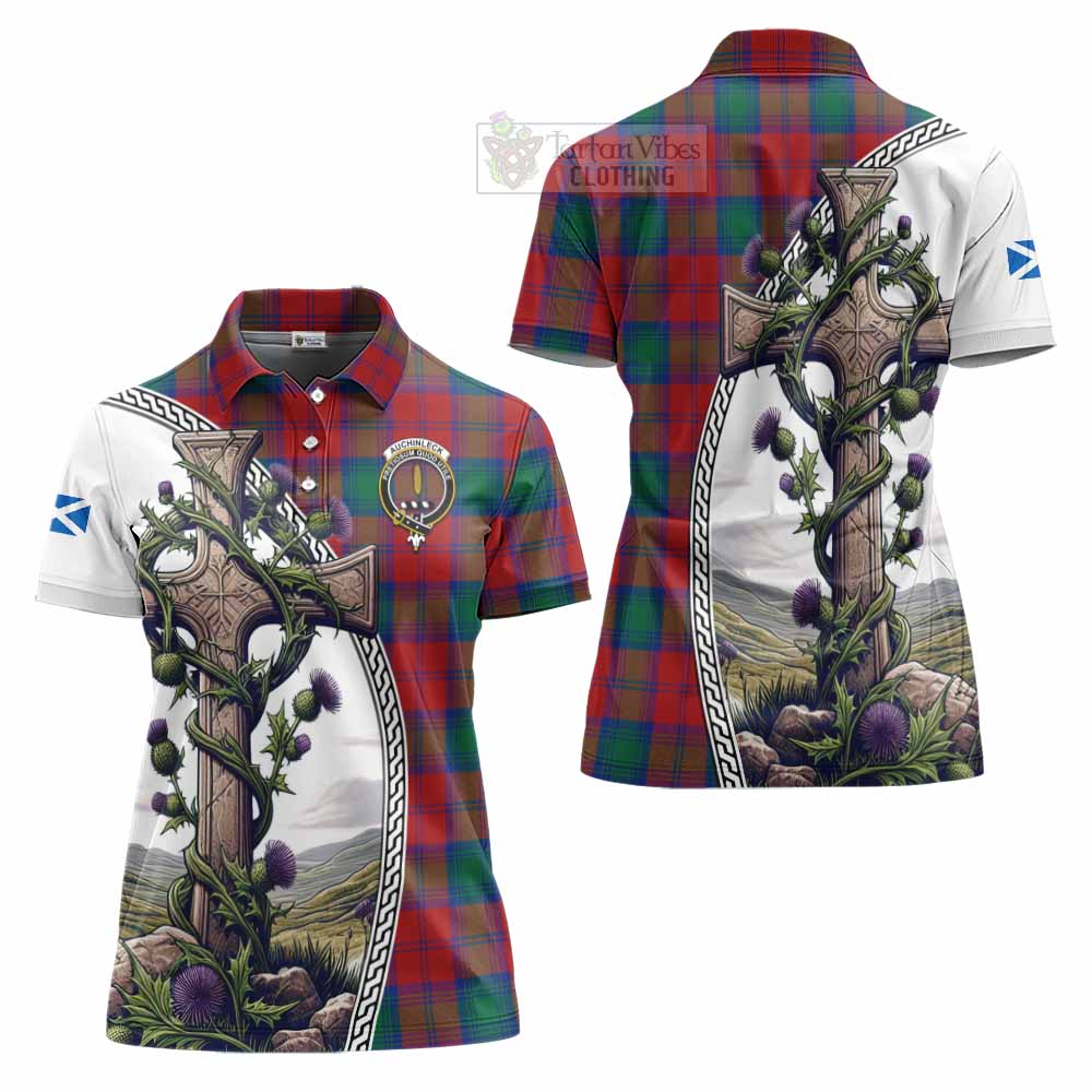 Tartan Vibes Clothing Auchinleck (Affleck) Tartan Women's Polo Shirt with Family Crest and St. Andrew's Cross Accented by Thistle Vines