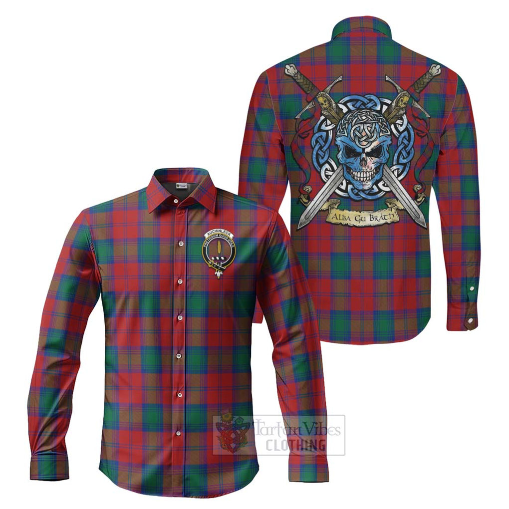 Auchinleck (Affleck) Tartan Long Sleeve Button Shirt with Family Crest Celtic Skull Style Men's Shirt S - Tartan Vibes Clothing