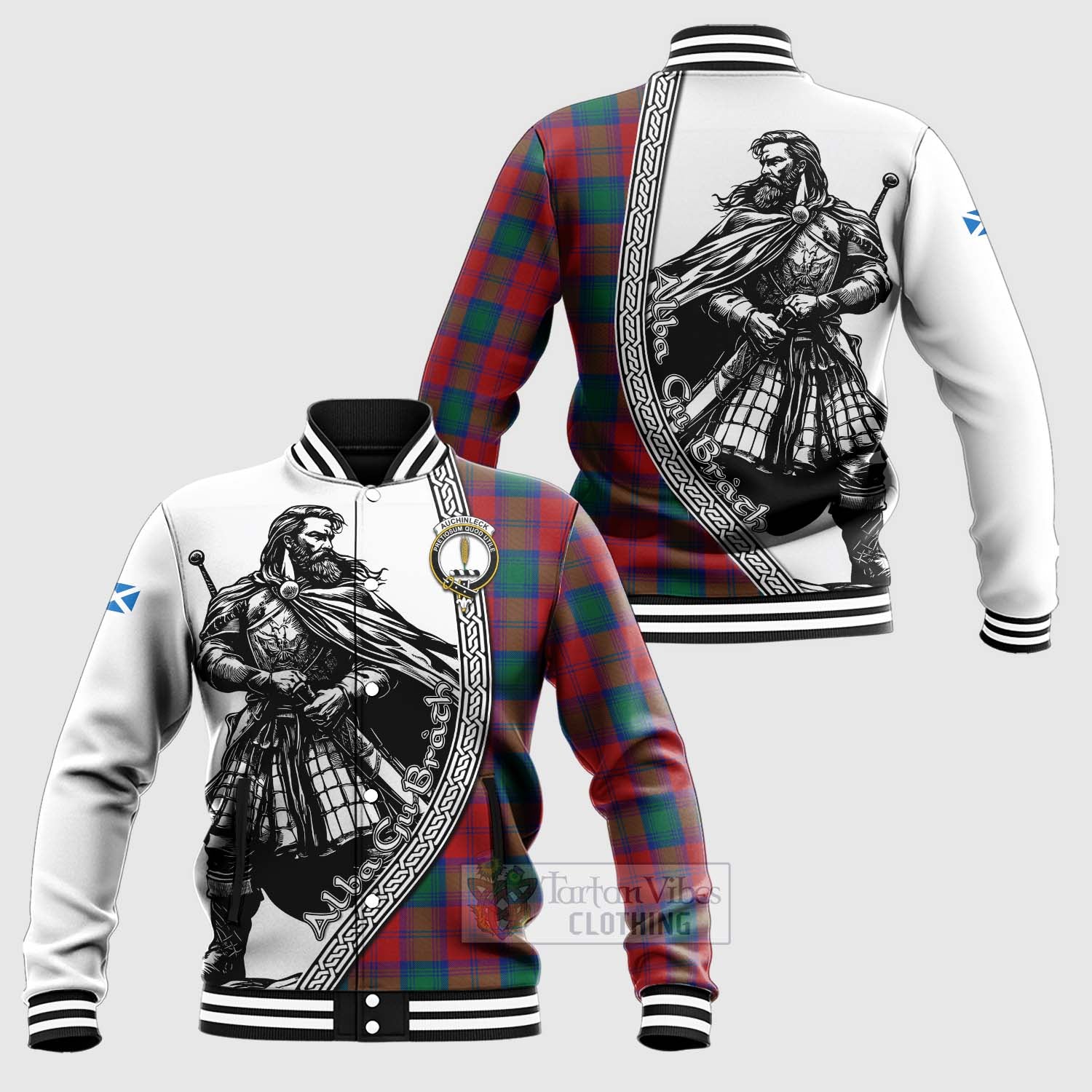 Auchinleck (Affleck) Tartan Clan Crest Baseball Jacket with Highlander Warrior Celtic Style Unisex - Tartan Vibes Clothing