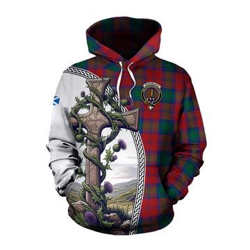 Tartan Vibes Clothing Auchinleck (Affleck) Tartan Cotton Hoodie with Family Crest and St. Andrew's Cross Accented by Thistle Vines