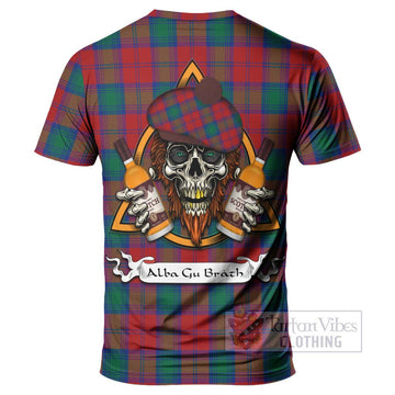 Auchinleck (Affleck) Tartan T-Shirt with Family Crest and Bearded Skull Holding Bottles of Whiskey - Tartan Vibes Clothing
