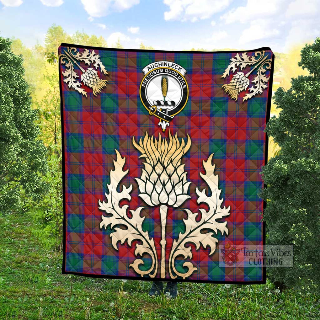 Auchinleck (Affleck) Tartan Quilt with Family Crest and Golden Thistle Style - Tartan Vibes Clothing