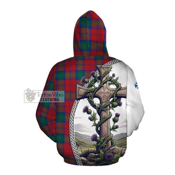 Tartan Vibes Clothing Auchinleck (Affleck) Tartan Cotton Hoodie with Family Crest and St. Andrew's Cross Accented by Thistle Vines