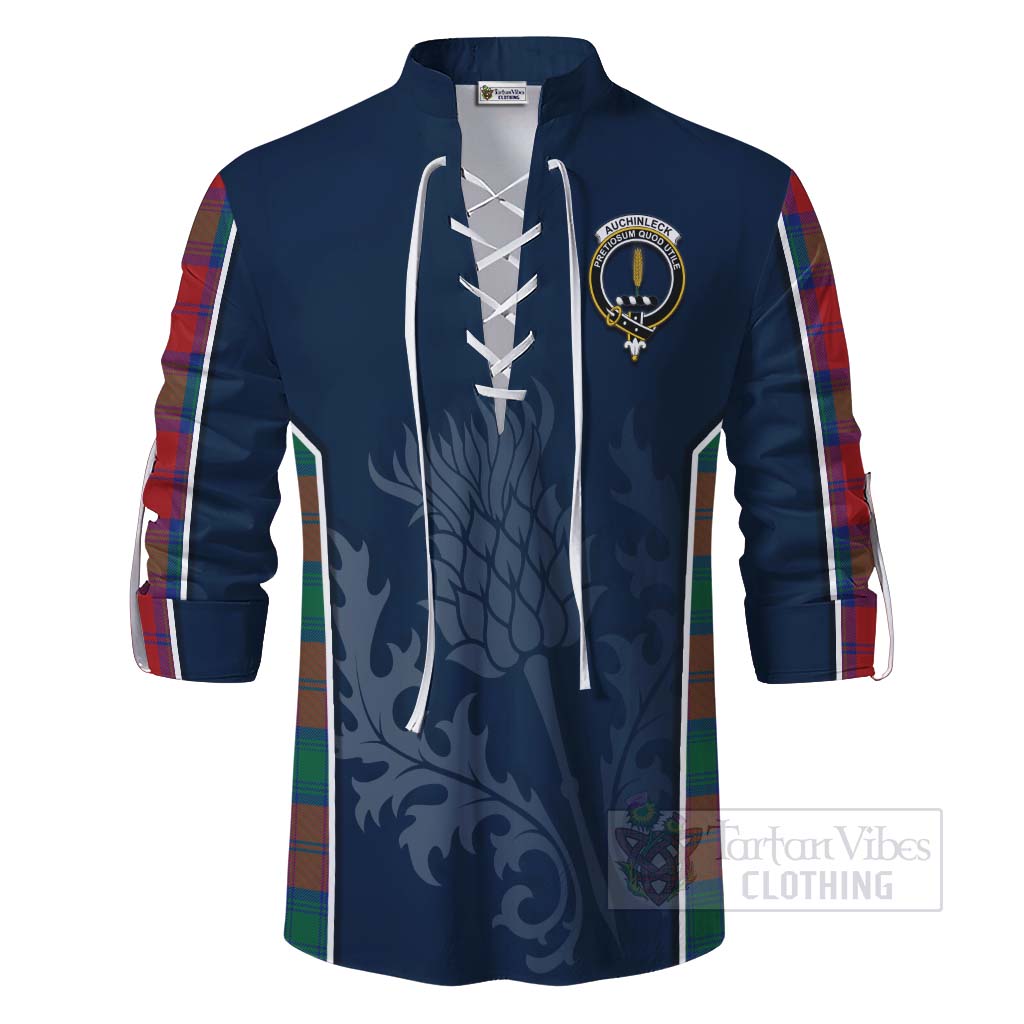 Tartan Vibes Clothing Auchinleck (Affleck) Tartan Ghillie Kilt Shirt with Family Crest and Scottish Thistle Vibes Sport Style