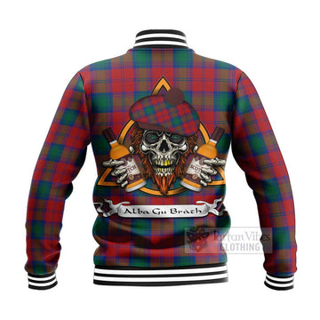 Auchinleck (Affleck) Tartan Baseball Jacket with Family Crest and Bearded Skull Holding Bottles of Whiskey - Tartan Vibes Clothing